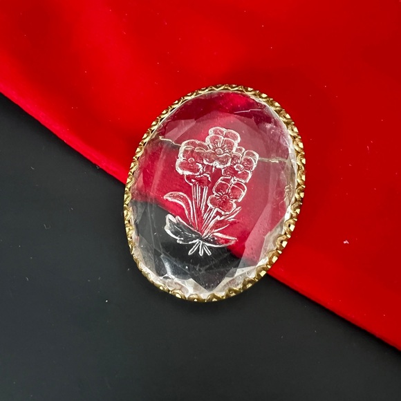 Vintage Glass Intaglio Circle Brooch Floral Pin Flower Brooch Jewelry - Picture 3 of 8